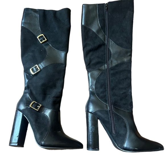 Yelda Black Knee Boots Gold Tone Buckles Size 7.5 Just Fab - Picture 9 of 9